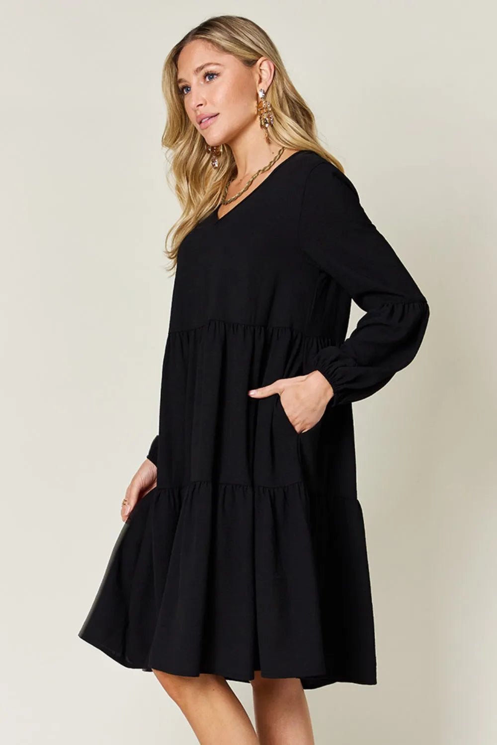 V - Neck Tiered Dress with Balloon Sleeves and Pockets - Bela Fils BoutiqueBela Fils Boutique